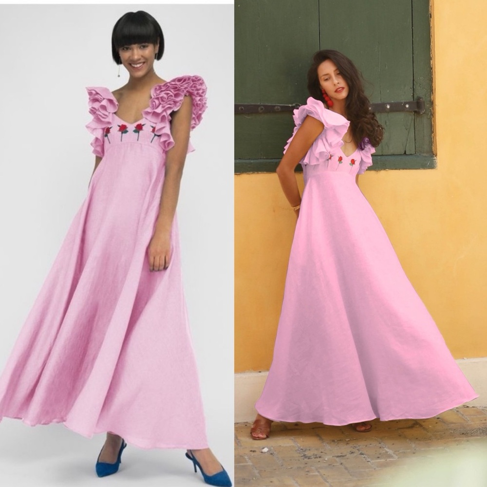 NWT Fanm Mon Demre Ruffle Rose Embroidered Maxi Dress Linen Pink